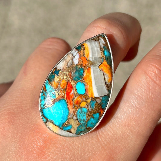 Bague turquoise orange ovale allongée argent 925 portée