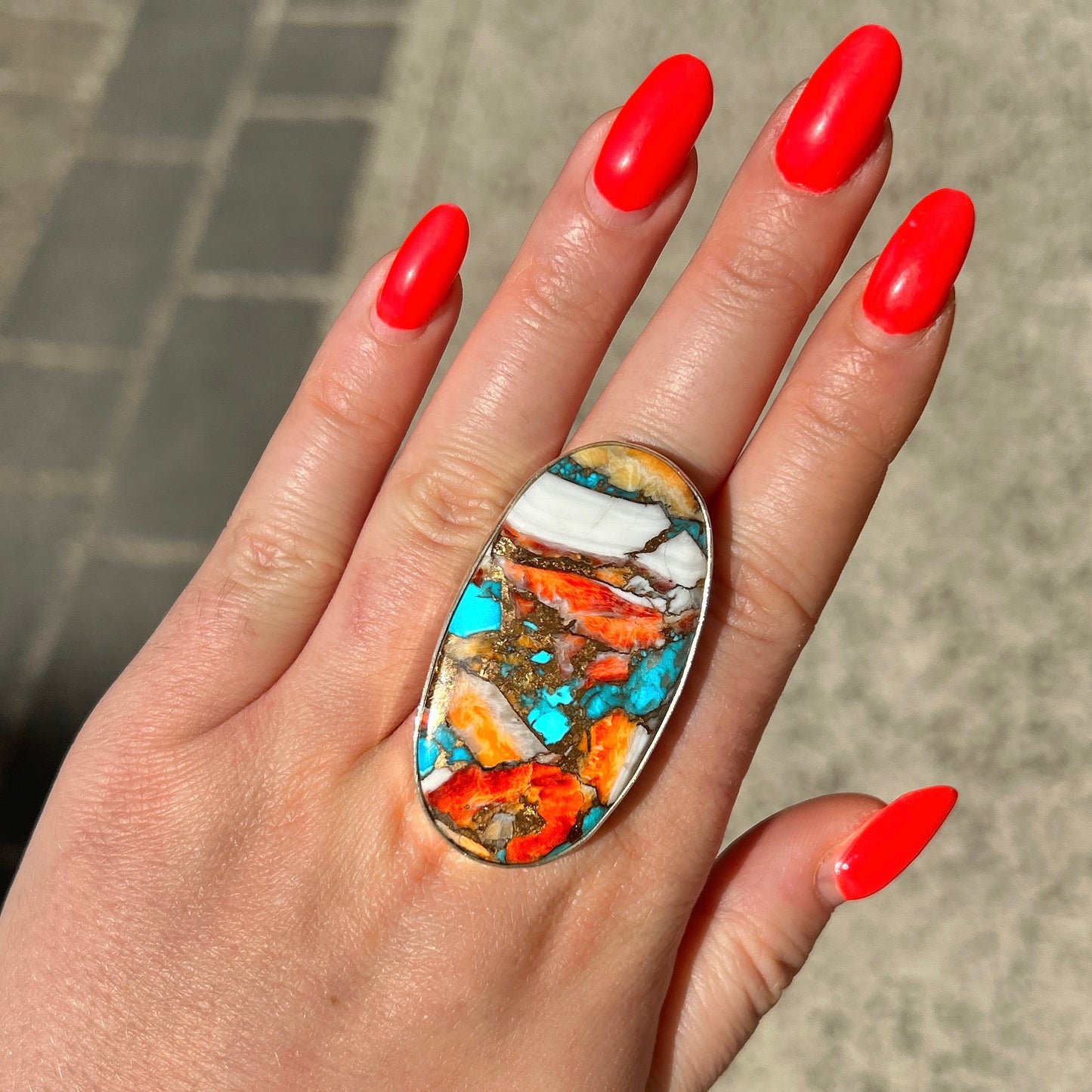 Bague oyster copper turquoise argent 925 ovale pierre multicolore unique
