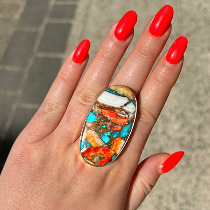 Bague oyster copper turquoise argent 925 ovale pierre multicolore unique