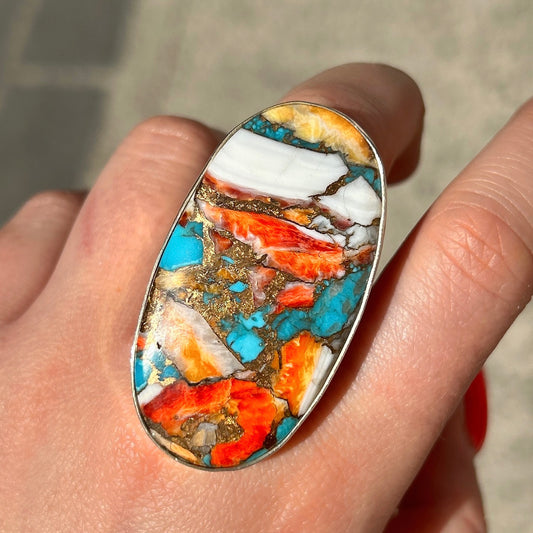 Bague turquoise orange blanc ovale allongée argent 925 portée