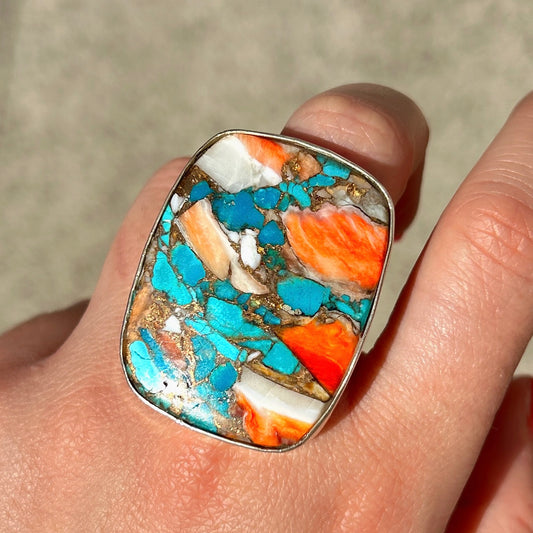 Bague oyster copper turquoise argent 925 rectangle pierre multicolore