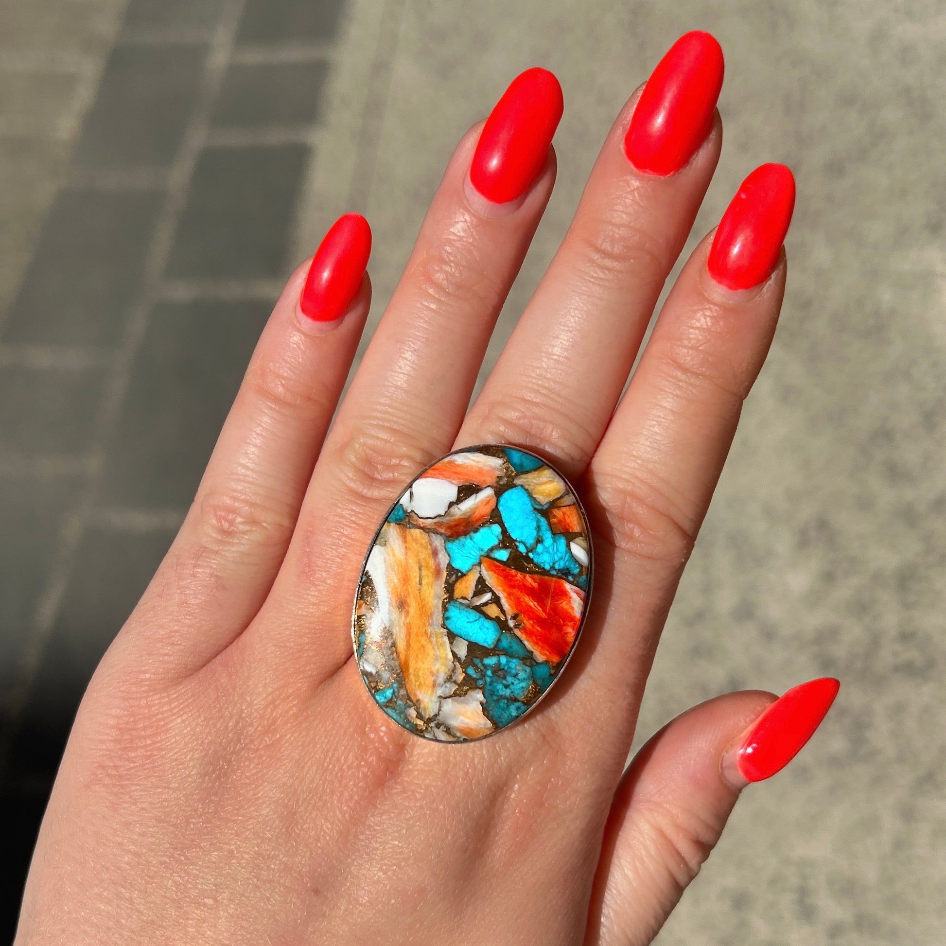 Bague oyster copper turquoise argent 925 ronde pierre multicolore