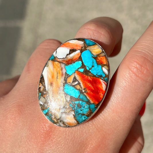 Bague turquoise orange ronde argent 925 portée