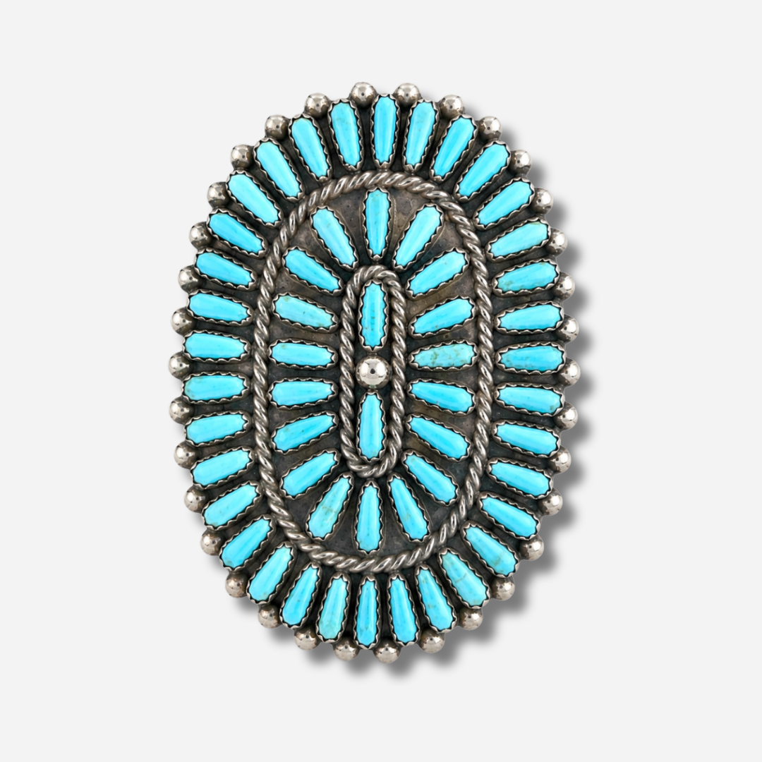 Bague Harpo P02 pièce unique en argent 925 ornée de multiples turquoises véritables serties à la main dans une composition traditionnelle inspirée de l’art Navajo.