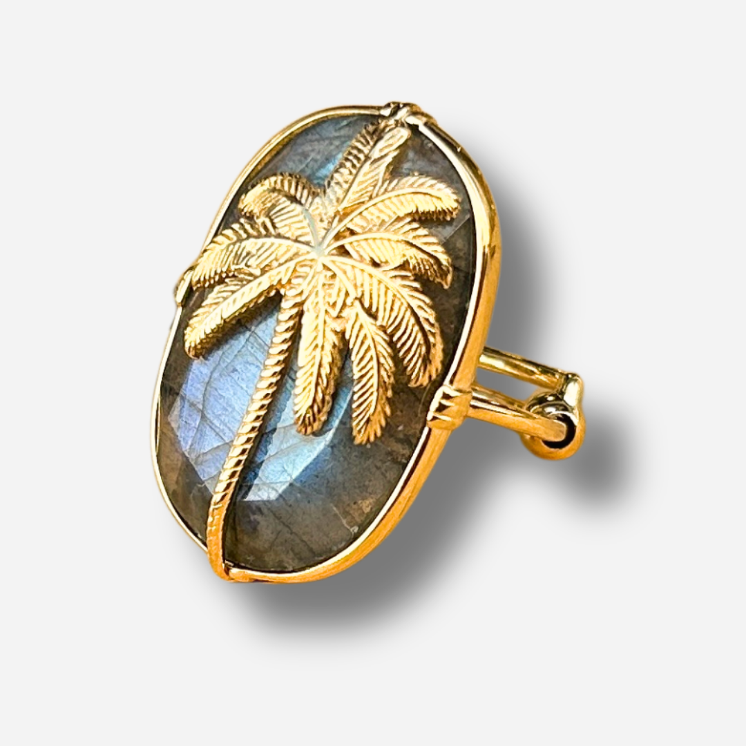 Bague palmier labradorite Au Fil de Lo pierre naturelle dorée motif tropical reglable