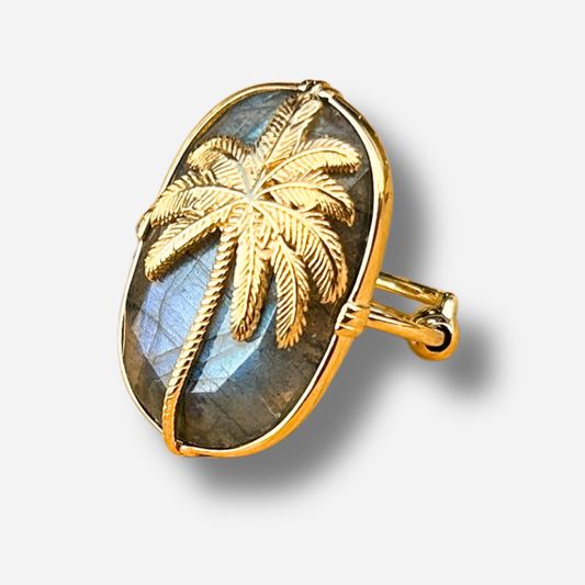 Bague palmier labradorite Au Fil de Lo pierre naturelle dorée motif tropical reglable