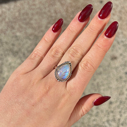 Bague pierre de lune arc en ciel goutte XS argent 925 reflets bleus