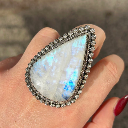 BAGUE - PIERRE DE LUNE ARC EN CIEL GOUTTE ARGENT 925