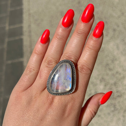 Bague pierre de lune goutte argent 925 reflets bleus irisés