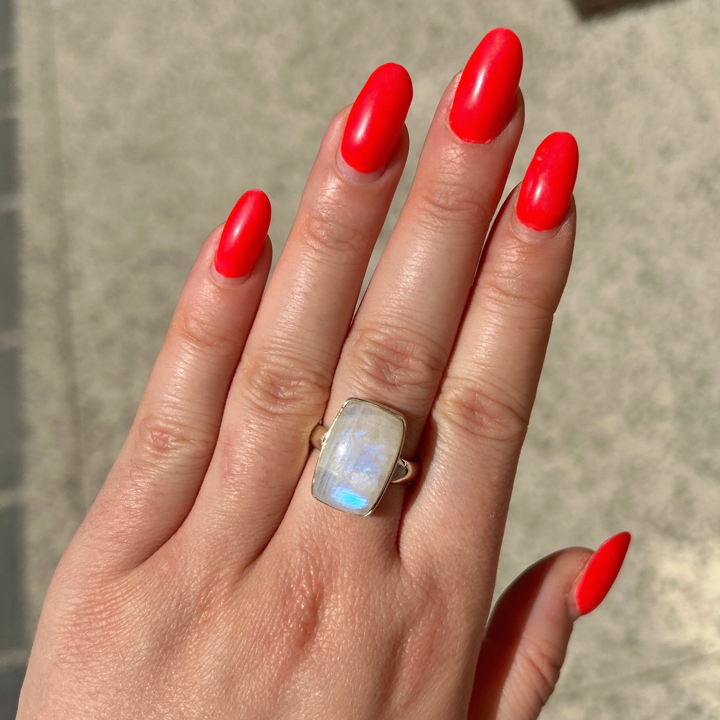 Bague pierre de lune rectangle XS argent 925 reflets bleus