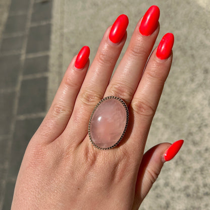 Bague quartz rose ovale argent 925 pierre naturelle