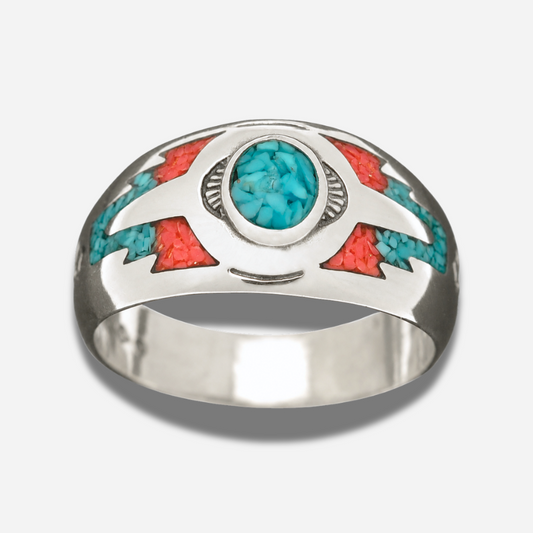 Bague Harpo R163 en argent avec turquoise et corail rose réalisés selon la technique artisanale Chip Inlay inspirée de l’art Navajo.