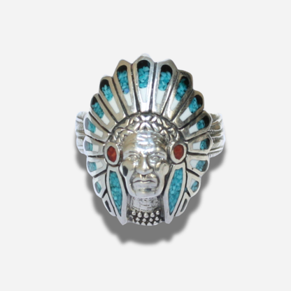 Bague Harpo R569 PM en argent massif représentant une tête d’Indien Navajo avec incrustations turquoise et détails rouges de style western.