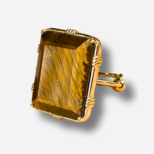 Bague rectangle oeil de tigre Au Fil de Lo pierre naturelle dorée marron reglable femme