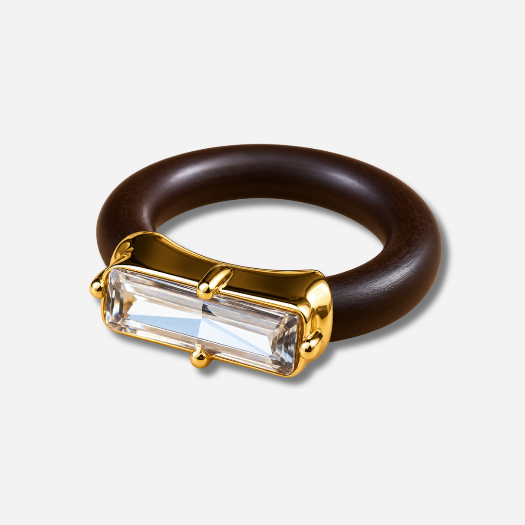 Bague Riva Blanc avec cristal rectangulaire facetté transparent, monture dorée et anneau marron