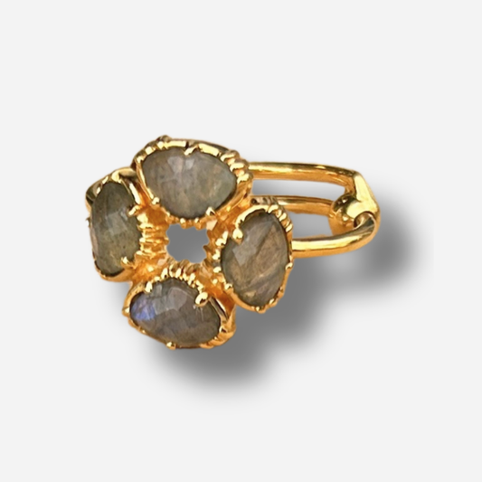 Bague ronde labradorite PM Au Fil de Lo pierre bleue irisee reglable femme doree