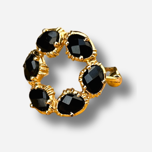 Bague spinelle noire ronde Au Fil de Lo pierre naturelle noire reglable femme dorée