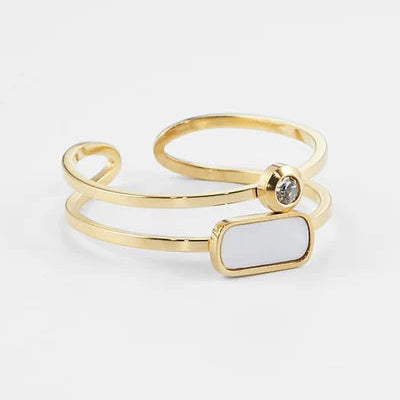 Bague Screen ZAG acier doré nacre zirconium ajustable double anneau bijou femme Divinity Sète