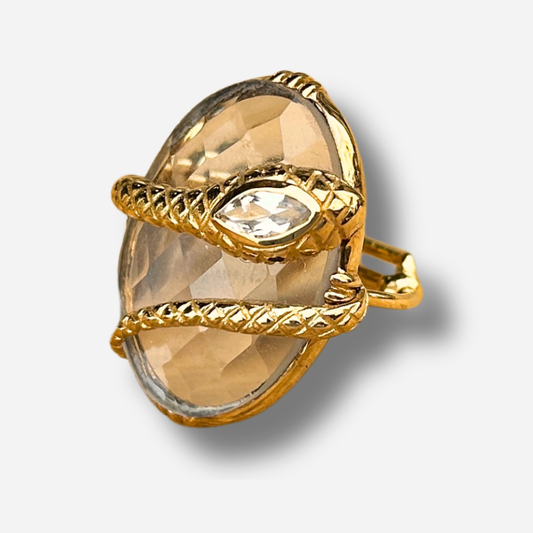 Bague serpent cristal de roche Au Fil de Lo pierre claire reglable femme doree