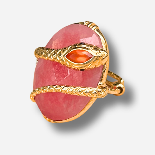 Bague serpent quartz fraise GM Au Fil de Lo pierre rose statement reglable femme doree