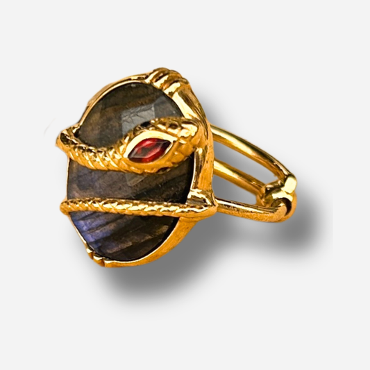 Bague serpent labradorite Au Fil de Lo pierre bleue irisee reglable femme doree