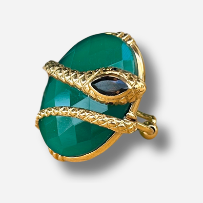 Bague serpent onyx vert Au Fil de Lo pierre verte reglable femme doree