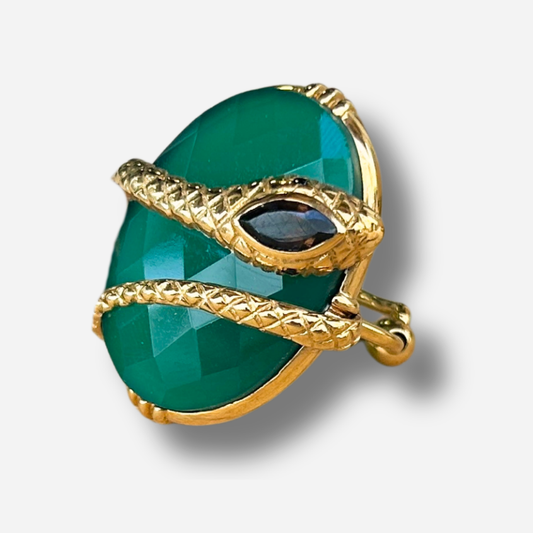 Bague serpent onyx vert Au Fil de Lo pierre verte reglable femme doree