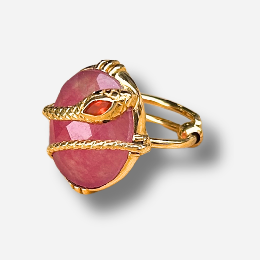 Bague serpent quartz fraise Au Fil de Lo pierre rose reglable femme doree