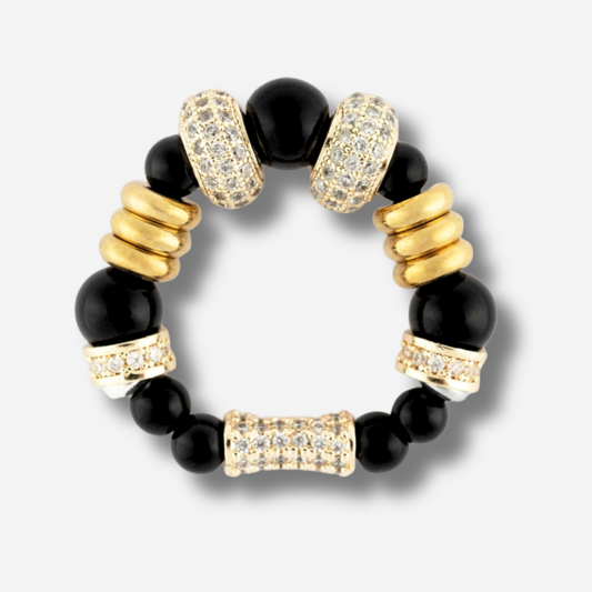 Bague Sigal Nefertiti Noir avec perles noires et anneaux pavés de zircons