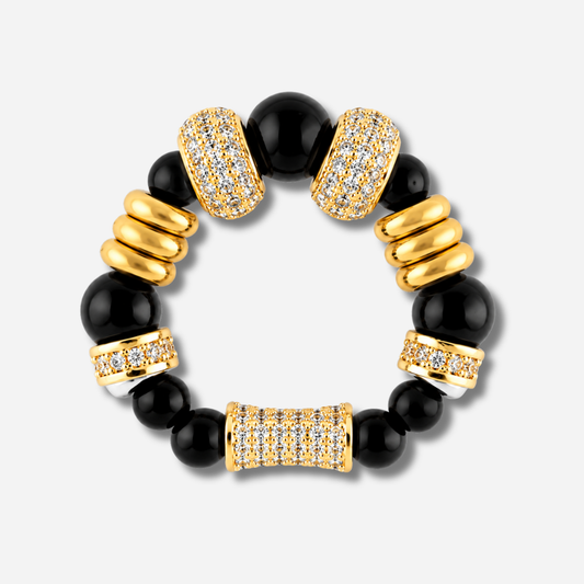 Bague Sigal Nefertiti Noir avec perles noires et anneaux pavés de zircons