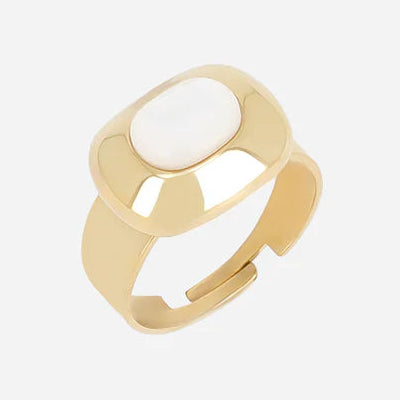 Bague Syléna Zag dorée large avec pierre blanche ovale