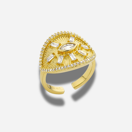 Bague Tilak Mya Bay dorée motif soleil oeil et cristaux
