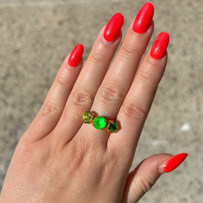 Bague Trio Cactus Crézus pierres vertes et citron fluo doré réglable