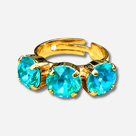Bague Trio Fluo Bleu Crézus pierres turquoise électriques doré réglable