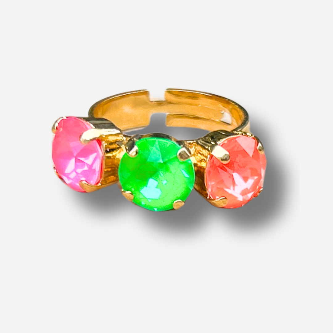 Bague Trio Fluo Crézus pierres rose vert orange fluo doré réglable