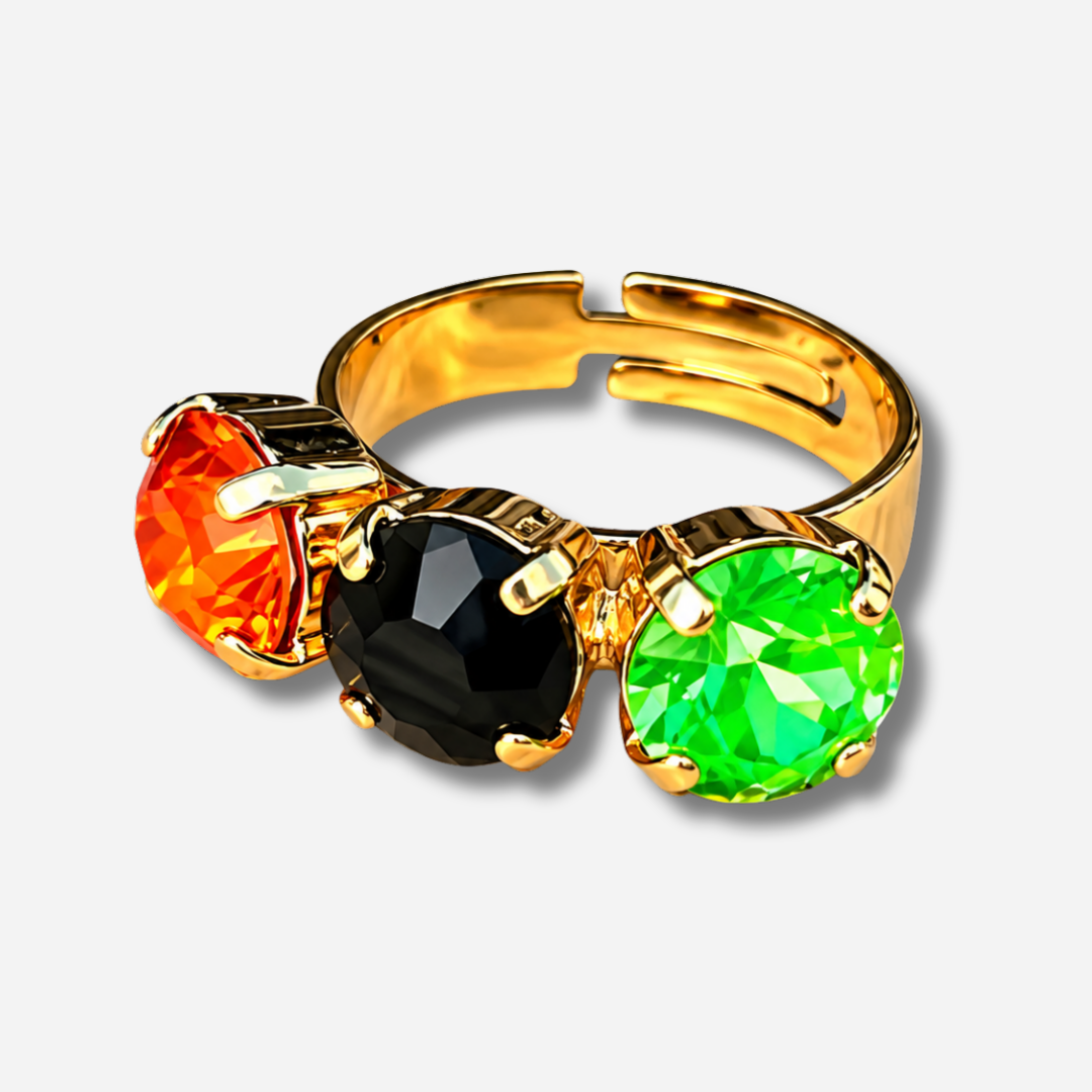 Bague Trio Fluo Crézus dorée et réglable avec trois cristaux Swarovski ronds orange fluorescent, noir et vert néon sertis à griffes – Divinity Sète