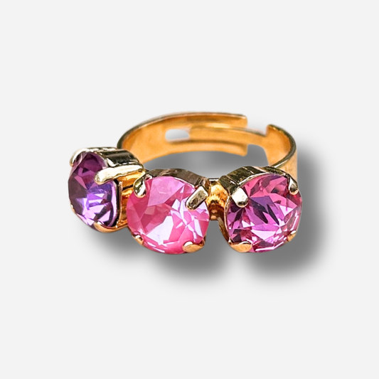 Bague Trio Framboise Crézus trois pierres roses fuchsia doré réglable