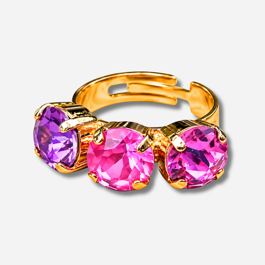 Bague Trio Framboise Crézus trois pierres roses fuchsia doré réglable
