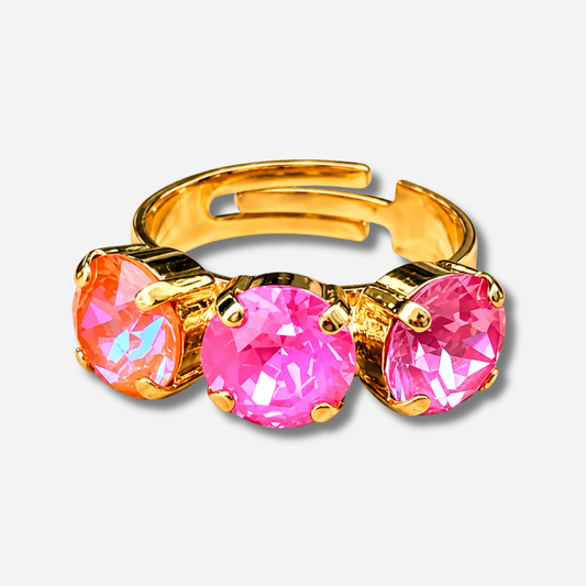 Bague Trio Hibiscus Crézus trio de pierres rose fuchsia corail doré réglable