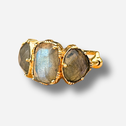 Bague labradorite trio Au Fil de Lo pierre naturelle reglable femme dorée