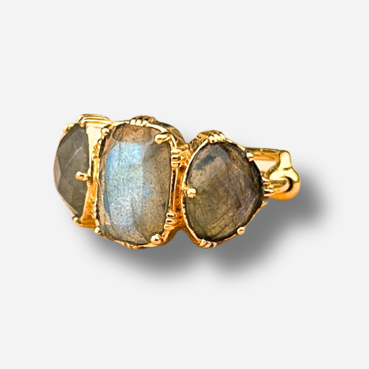 Bague labradorite trio Au Fil de Lo pierre naturelle reglable femme dorée