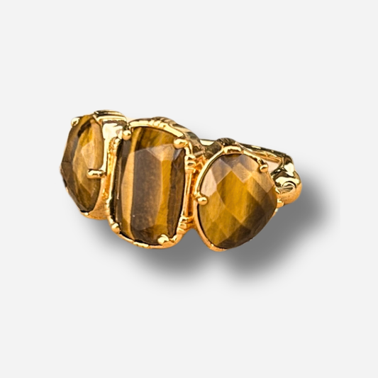 Bague oeil de tigre trio Au Fil de Lo pierre naturelle marron doré reglable femme