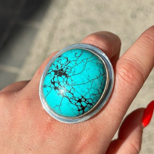 Bague turquoise argent 925 pierre bleue ronde réglable