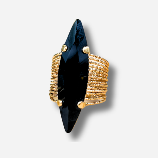 Bague Venus Onyx Crézus pierre noire marquise doré réglable