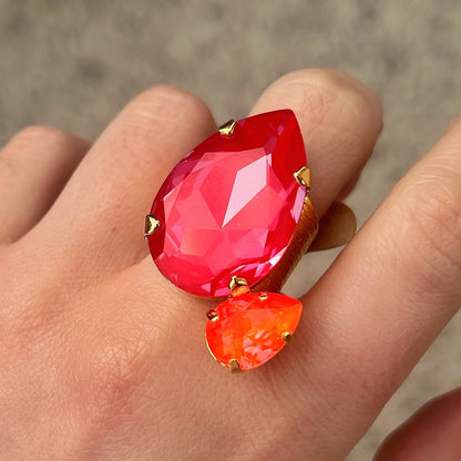 Bague pierre rouge corail Crézus dorée