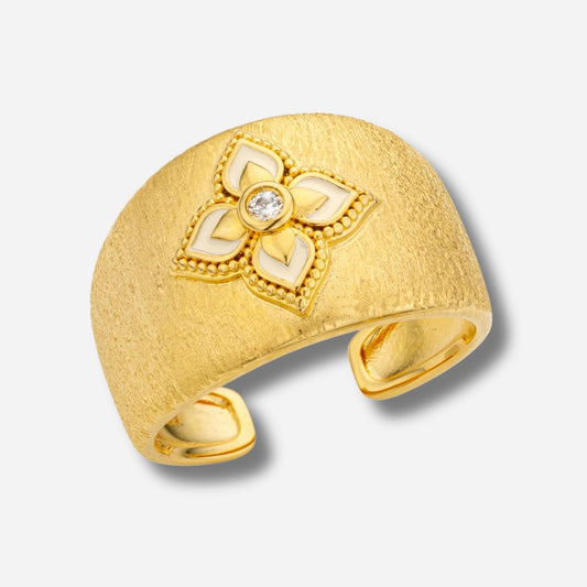 Bague White Lotus Cuff Mya Bay dorée fleur lotus émail blanc