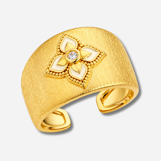 Bague White Lotus Cuff Mya Bay dorée fleur lotus émail blanc
