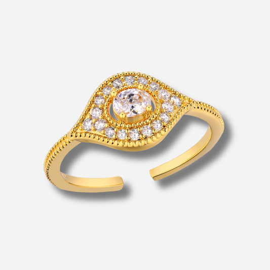 Bague White Majestic Eye Mya Bay dorée motif œil pavé de cristaux