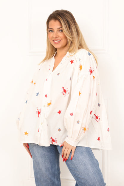 Blouse blanche femme imprimée marine manches longues Blouse Carry Divinity