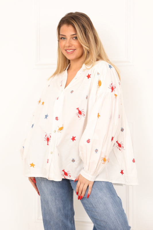 Blouse blanche femme imprimée marine manches longues Blouse Carry Divinity